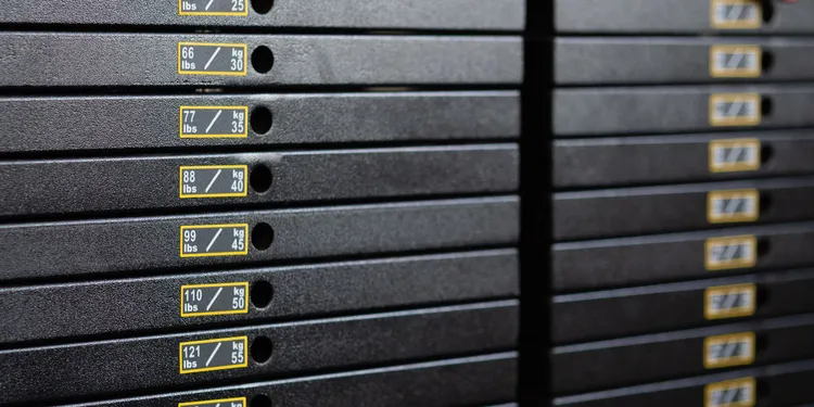 Detalle de la columna de placas de peso de la máquina de poleas